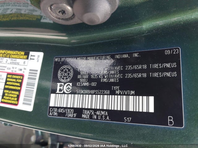 5TDKDRBH8PS522368 Toyota Highlander Xle