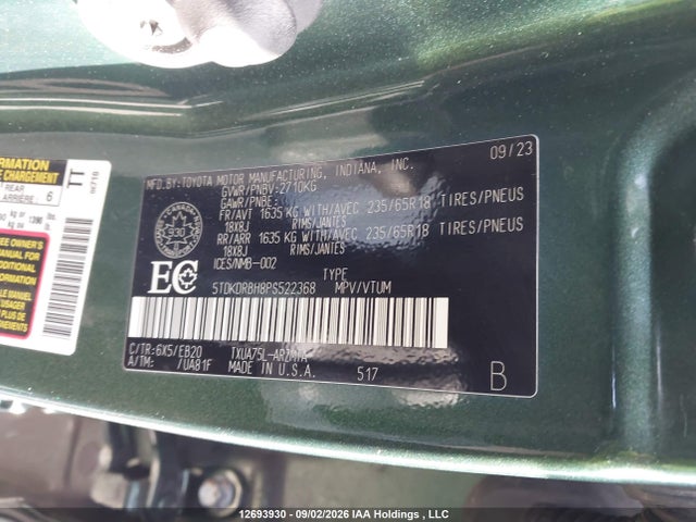 5TDKDRBH8PS522368 Toyota Highlander Xle