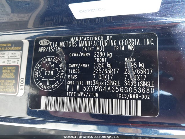 Aukcja sprzedaży 2016 Kia Sorento 2.4l Lx, vin: 5XYPG4A35GG053680, numer aukcji: 12693934