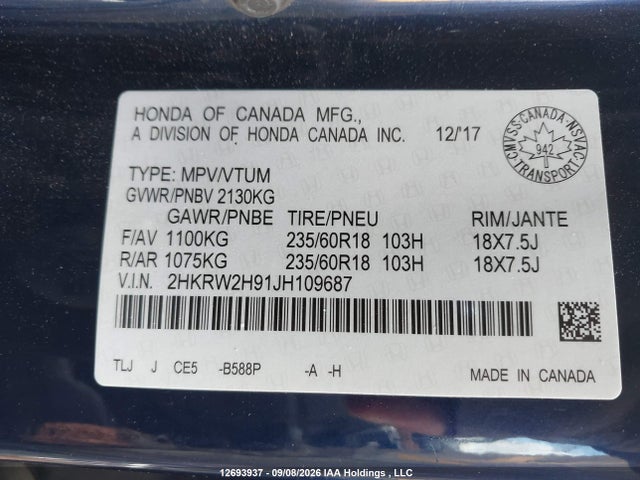 12693937 :رقم المزاد ، 2HKRW2H91JH109687 vin ، 2018 Honda Cr-v Touring مزاد بيع