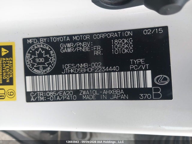 Lexus CT 200H 2015 JTHKD5BH0F2234440 Image 9