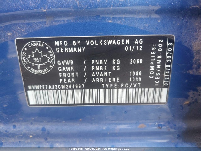 12693946 :رقم المزاد ، WVWPF7AJ3CW244997 vin ، 2012 Volkswagen Golf R مزاد بيع