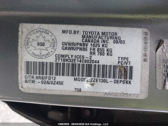 Aukcja sprzedaży 2004 Toyota Corolla Ce/le/s, vin: 2T1BR32E14C802044, numer aukcji: 12693955
