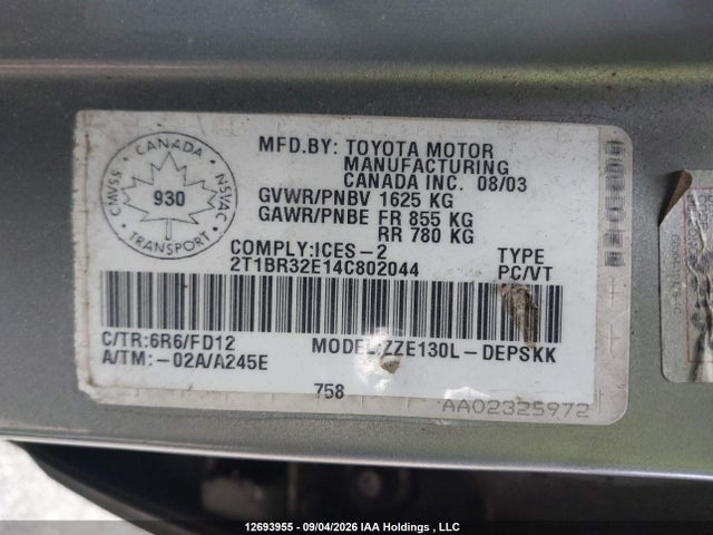Aukcja sprzedaży 2004 Toyota Corolla Ce/le/s, vin: 2T1BR32E14C802044, numer aukcji: 12693955