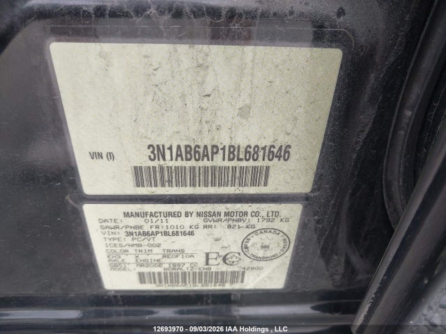 2011 Nissan Sentra მანქანა იყიდება აუქციონზე, vin: 3N1AB6AP1BL681646, აუქციონის ნომერი: 12693970