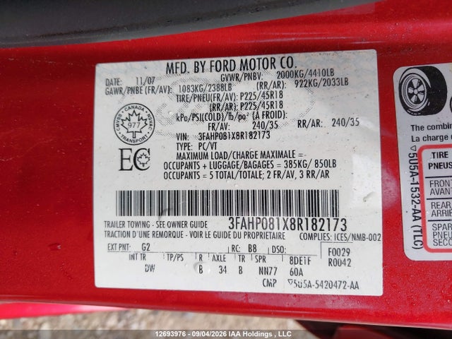 2008 Ford Fusion Sel მანქანა იყიდება აუქციონზე, vin: 3FAHP081X8R182173, აუქციონის ნომერი: 12693976