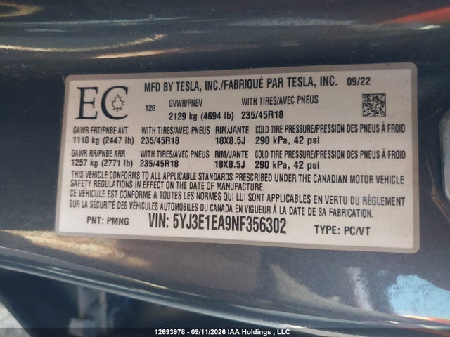 Tesla Model 3 Rwd/standard Range 2022 5YJ3E1EA9NF356302 Image 9