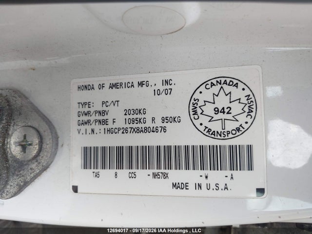 2008 Honda Accord Ex მანქანა იყიდება აუქციონზე, vin: 1HGCP267X8A804676, აუქციონის ნომერი: 12694017