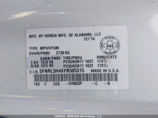 Honda Odyssey 2015 5FNRL5H4XFB505315 Image 9