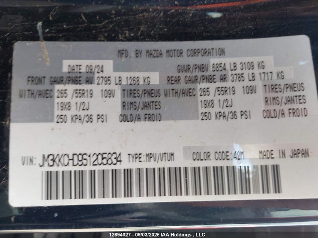 Продажа на аукционе авто 2025 Mazda Cx-90 Premium Sport, vin: JM3KKCHD9S1205834, номер лота: 12694027