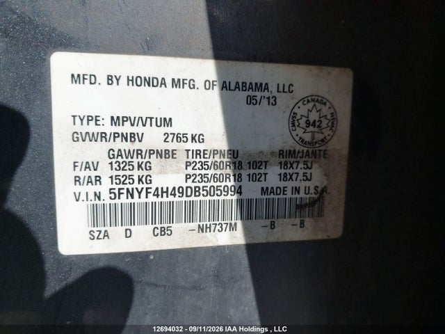 12694032 :رقم المزاد ، 5FNYF4H49DB505994 vin ، 2013 Honda Pilot Ex مزاد بيع