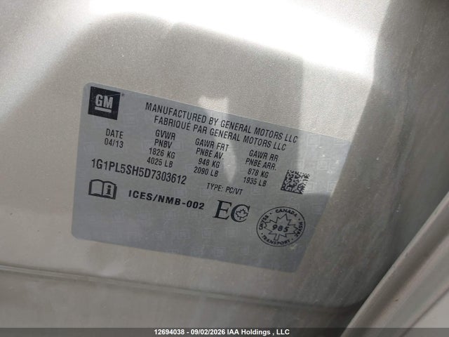 12694038 :رقم المزاد ، 1G1PL5SH5D7303612 vin ، 2013 Chevrolet Cruze Ls مزاد بيع