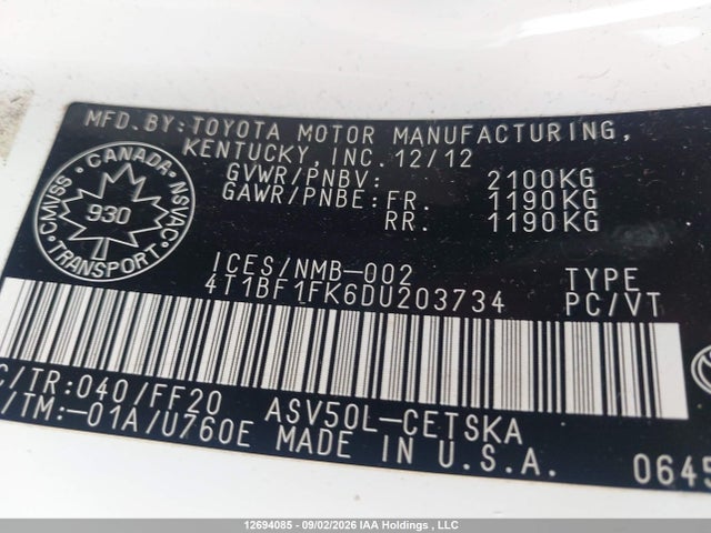 12694085 :رقم المزاد ، 4T1BF1FK6DU203734 vin ، 2013 Toyota Camry L/se/le/xle مزاد بيع