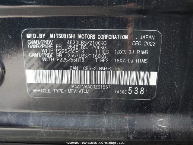 2024 Mitsubishi Eclipse Cross მანქანა იყიდება აუქციონზე, vin: JA4ATVAA0RZ615571, აუქციონის ნომერი: 12694090