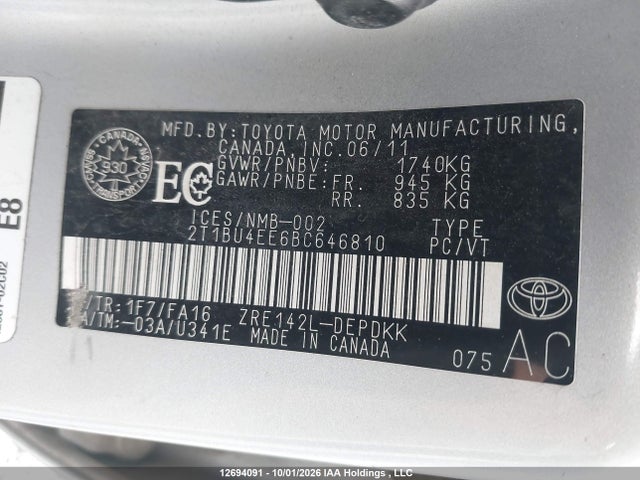 Aukcja sprzedaży 2011 Toyota Corolla Ce, vin: 2T1BU4EE6BC646810, numer aukcji: 12694091