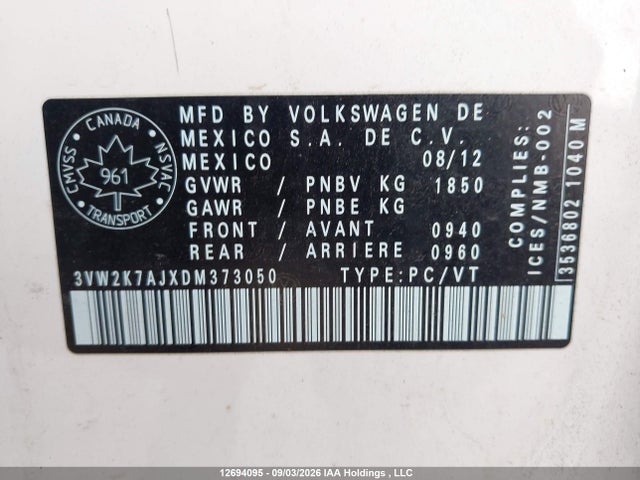 Aukcja sprzedaży 2013 Volkswagen Jetta 2.0l Trendline/2.0l Trendline+, vin: 3VW2K7AJXDM373050, numer aukcji: 12694095