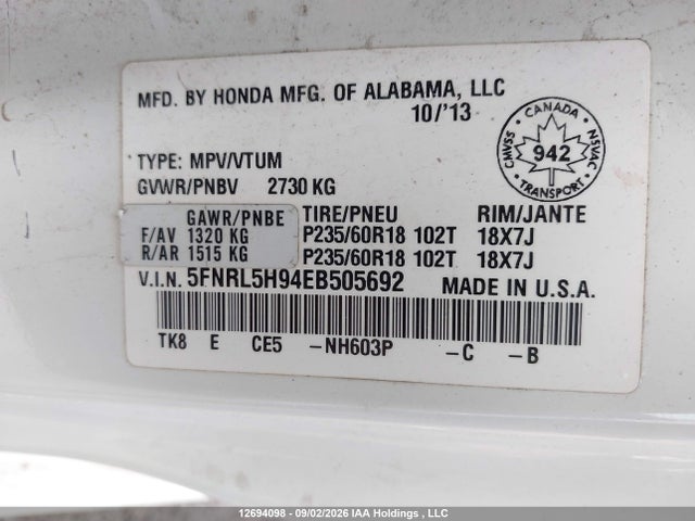 Honda Odyssey Touring 2014 5FNRL5H94EB505692 Image 9