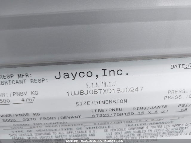 12694101 :رقم المزاد ، 1UJBJ0BTXD18J0247 vin ، 2013 Jayco Jayco Jayflight مزاد بيع
