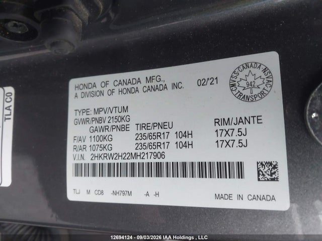 12694124 :رقم المزاد ، 2HKRW2H22MH217906 vin ، 2021 Honda Cr-v Lx مزاد بيع