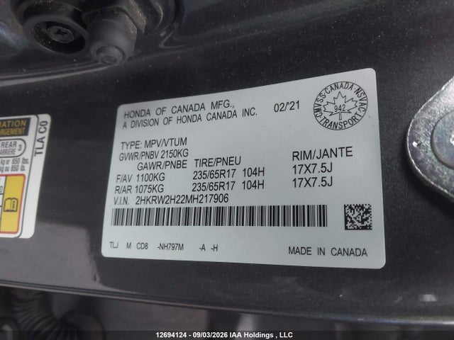 12694124 :رقم المزاد ، 2HKRW2H22MH217906 vin ، 2021 Honda Cr-v Lx مزاد بيع