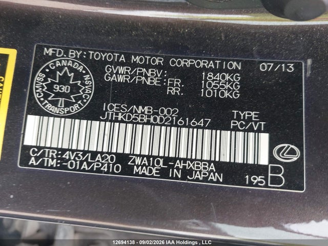 12694138 :رقم المزاد ، JTHKD5BH0D2161647 vin ، 2013 Lexus Ct 200 مزاد بيع