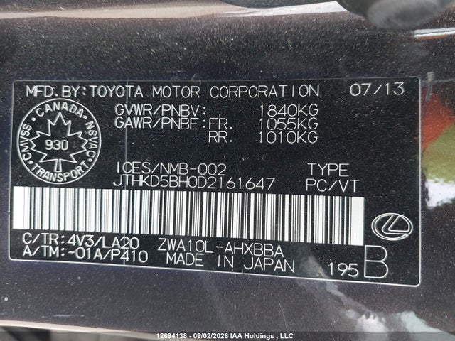 12694138 :رقم المزاد ، JTHKD5BH0D2161647 vin ، 2013 Lexus Ct 200 مزاد بيع