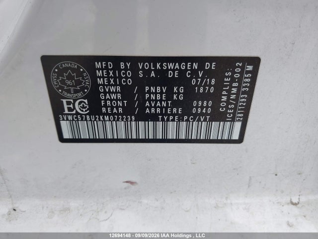 Aukcja sprzedaży 2019 Volkswagen Jetta, vin: 3VWC57BU2KM072239, numer aukcji: 12694148