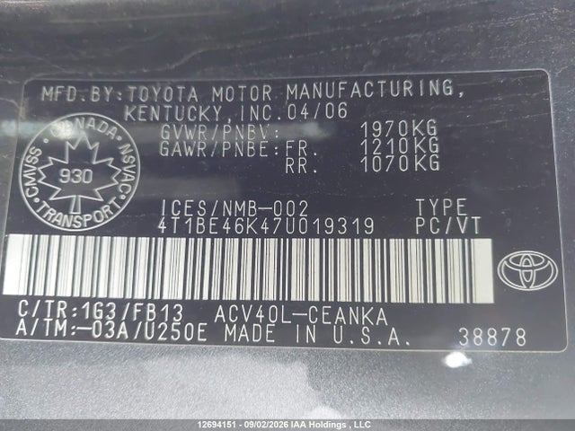 Aukcja sprzedaży 2007 Toyota Camry Ce/le/xle/se, vin: 4T1BE46K47U019319, numer aukcji: 12694151
