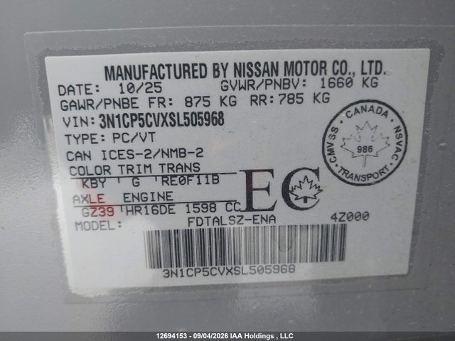 Продажа на аукционе авто 2025 Nissan Kicks Play, vin: 3N1CP5CVXSL505968, номер лота: 12694153