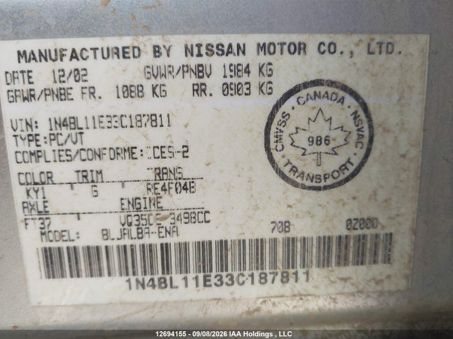 Продажа на аукционе авто 2003 Nissan Altima Se, vin: 1N4BL11E33C187811, номер лота: 12694155
