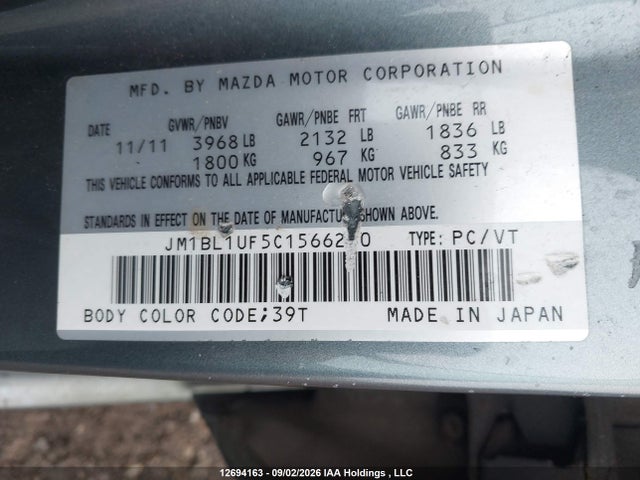 Aukcja sprzedaży 2012 Mazda 3 I, vin: JM1BL1UF5C1566240, numer aukcji: 12694163