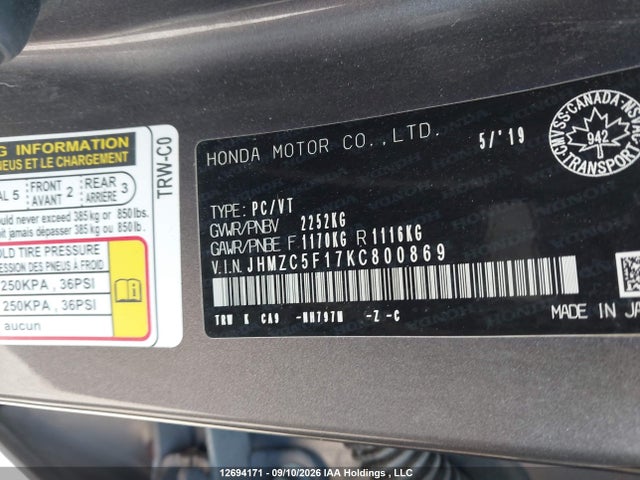 Продажа на аукционе авто 2019 Honda Clarity Plug-in Hybrid, vin: JHMZC5F17KC800869, номер лота: 12694171