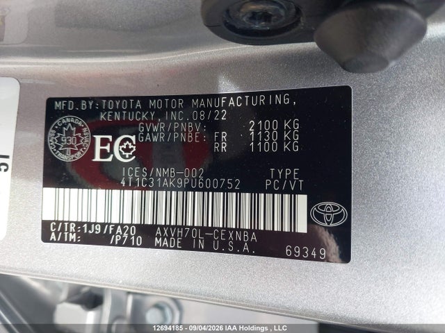 12694185 :رقم المزاد ، 4T1C31AK9PU600752 vin ، 2023 Toyota Camry Hybrid Le مزاد بيع