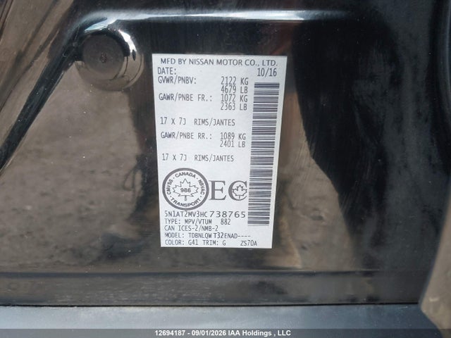 Nissan Rogue S/sl Platinum/sv 2017 5N1AT2MV3HC738765 Image 9