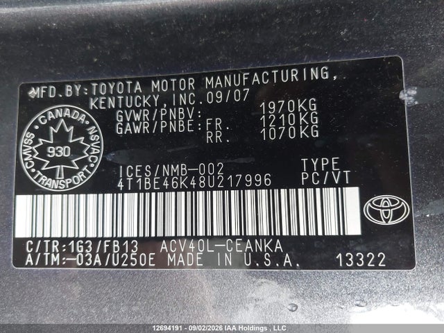 Aukcja sprzedaży 2008 Toyota Camry Ce/le/xle/se, vin: 4T1BE46K48U217996, numer aukcji: 12694191