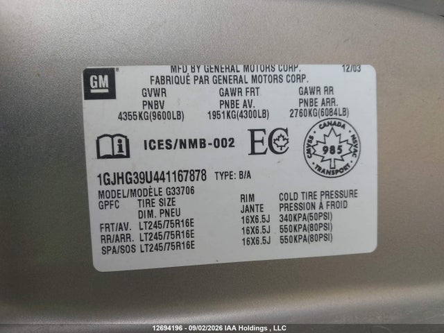 Aukcja sprzedaży 2004 Gmc Savana G3500, vin: 1GJHG39U441167878, numer aukcji: 12694196