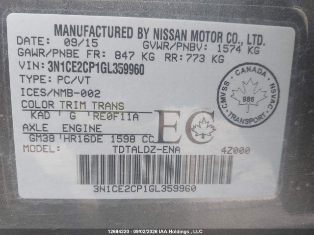 Nissan Versa Note S/s Plus/sv/sl/sr 2016 3N1CE2CP1GL359960 Image 19