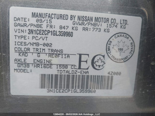 Nissan Versa Note S/s Plus/sv/sl/sr 2016 3N1CE2CP1GL359960 Image 9