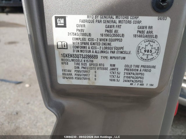12694230 :رقم المزاد ، 1GKEK63U73J286689 vin ، 2003 Gmc Yukon Denali Denali مزاد بيع