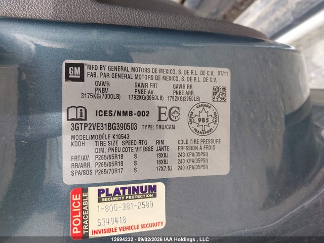 Aukcja sprzedaży 2011 Gmc Sierra 1500 Sle, vin: 3GTP2VE31BG390503, numer aukcji: 12694232