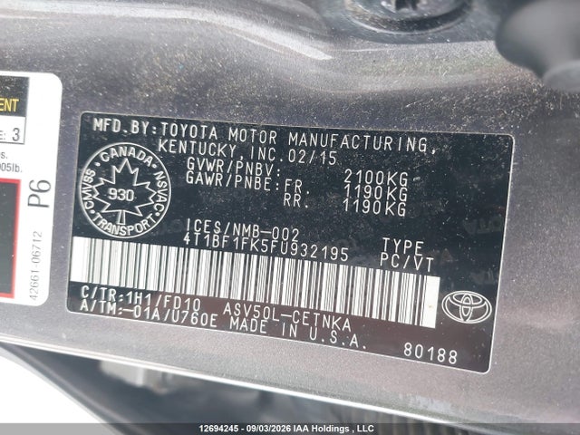 2015 Toyota Camry Le მანქანა იყიდება აუქციონზე, vin: 4T1BF1FK5FU932195, აუქციონის ნომერი: 12694245