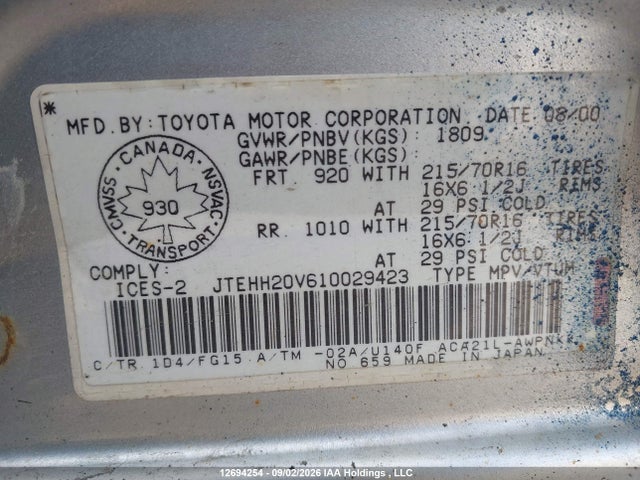 12694254 :رقم المزاد ، JTEHH20V610029423 vin ، 2001 Toyota Rav4 مزاد بيع