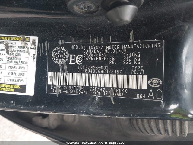 12694255 :رقم المزاد ، 2T1BU40E69C178157 vin ، 2009 Toyota Corolla مزاد بيع