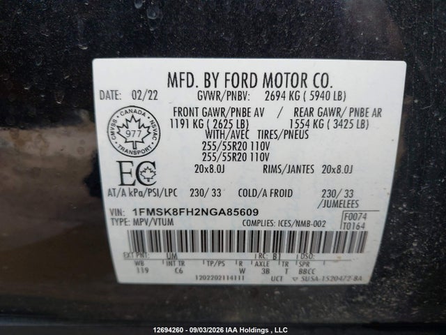 Продажа на аукционе авто 2022 Ford Explorer Limited, vin: 1FMSK8FH2NGA85609, номер лота: 12694260
