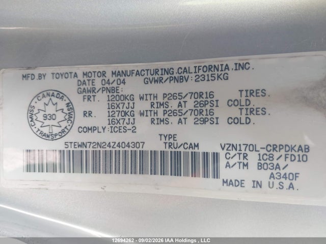 Aukcja sprzedaży 2004 Toyota Tacoma Base V6, vin: 5TEWN72N24Z404307, numer aukcji: 12694262