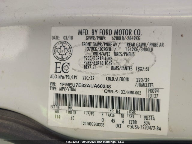 Aukcja sprzedaży 2010 Ford Explorer Eddie Bauer, vin: 1FMEU7E82AUA60238, numer aukcji: 12694273