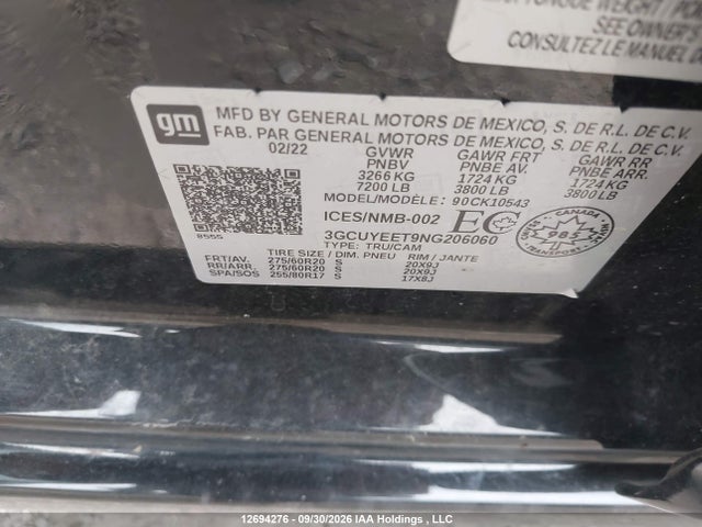 12694276 :رقم المزاد ، 3GCUYEET9NG206060 vin ، 2022 Chevrolet Silverado 1500 Ltd Rst مزاد بيع