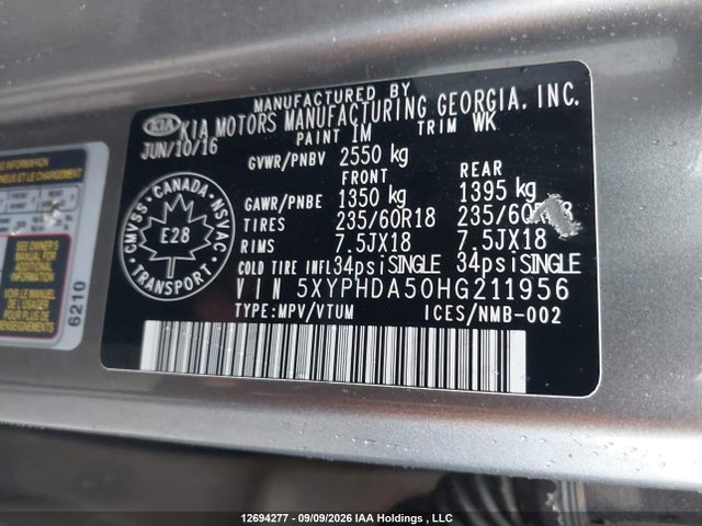 Aukcja sprzedaży 2017 Kia Sorento 3.3l Ex/3.3l Ex+, vin: 5XYPHDA50HG211956, numer aukcji: 12694277