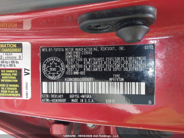 Продажа на аукционе авто 2012 Toyota Venza Base V6, vin: 4T3BK3BB5CU069091, номер лота: 12694290