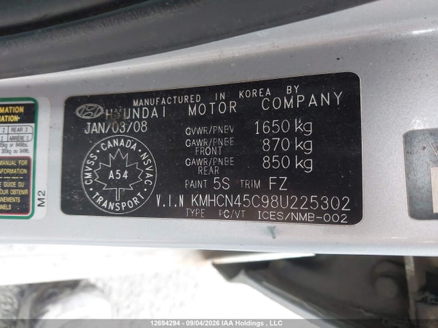 12694294 :رقم المزاد ، KMHCN45C98U225302 vin ، 2008 Hyundai Accent Gls مزاد بيع